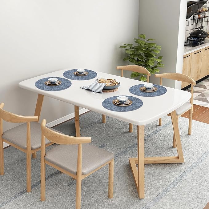 Homaxy Round Faux Leather Placemats and Coasters, Washable Dual-Side Table Mats, Wipeable Heat-Resistant Dining Place Mats for Outdoor and Indoor, Set of 4, Diameter 13 and 3.93 inch, Blue