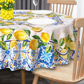 Lemon Tablecloth 60 Inch Round, Yellow and Blue Mediterranean Summer Decor Tile Flower Pattern Table Cloth Italian Themed Decor for Party Table Cover for Dining Room