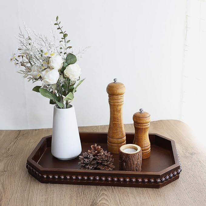 Retro Brown Wood Serving Tray with Beads, Farmhouse Decorative Tray for Table Centerpiece, Christmas Wedding Halloween Home Decor