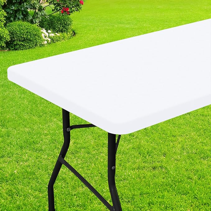 Smiry Rectangle Picnic Table Cloth, Waterproof Elastic Fitted Tablecloths for 6 Foot Tables, Washable Polyester Table Cover for Camping, Indoor and Outdoor (White, 30"x72")