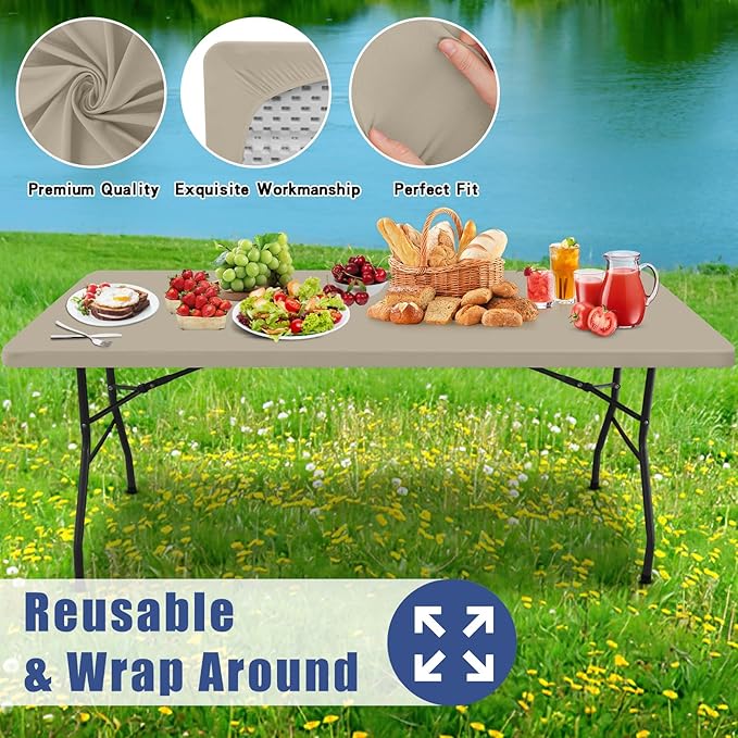 Spandex 6 Foot Rectangle Table Cloth 2 Pack, Elastic Fitted Tablecloths for Picnic, Stretch Washable Patio Table Cover for Outdoor, Camping, Banquet and Parties (Taupe, 30"x72")