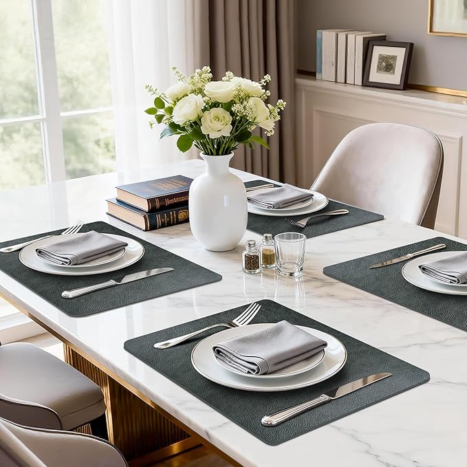 Faux Leather Placemats Set of 6, Washable Place Mats, Wipeable Waterproof Oil-Proof Heat Resistant Table Mats, Non-Slip Vinyl Placemats Rectangular Place Mat for Table Indoor Outdoor (Gray)