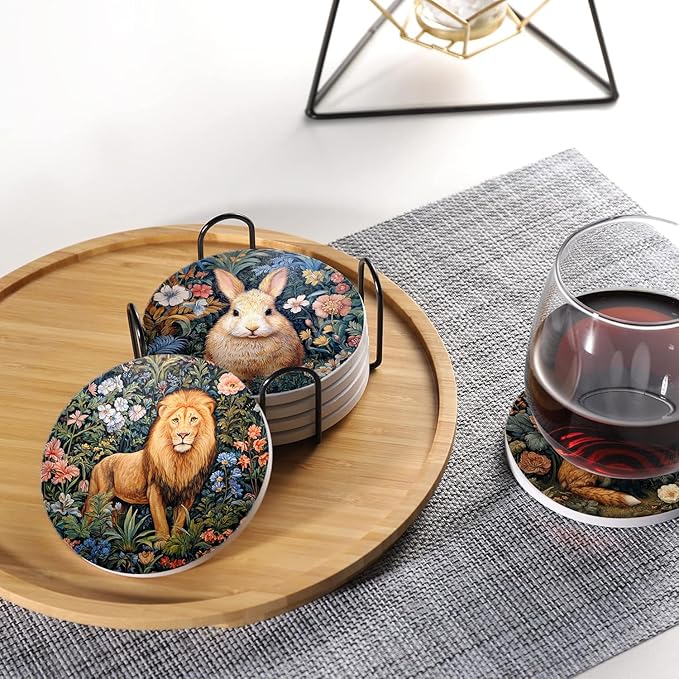 Drink Coasters for Drinks Set of 6, Vintage Botanical Floral Wild Animals Absorbent Round Ceramic Stone Mat Coaster, with Cork Base and Metal Holder, Home Bar Decor House Warming Gift