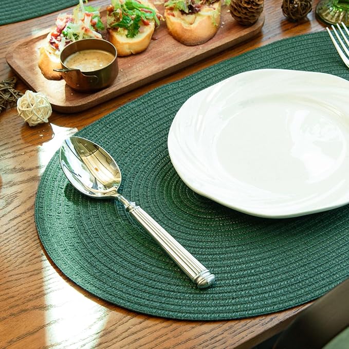Noctiflorous Oval Braided Placemats Set of 8 Woven 12x18 Inch Non Slip Washable Heat Resistant Place Mats Round Tablemats for Dining Kitchen Party Daily Table Decor Dinner Mats (Solid Forest Green, 8)