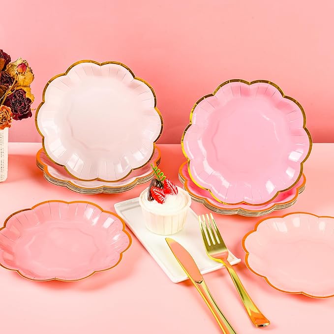Pink Party Plates Gradient Pink Dessert Paper Plates 7inch Gold Foil Scalloped Edge Disposable Cake Plates for Valentines Day Birthday Bridal Baby Shower Wedding Party Supplies (48)