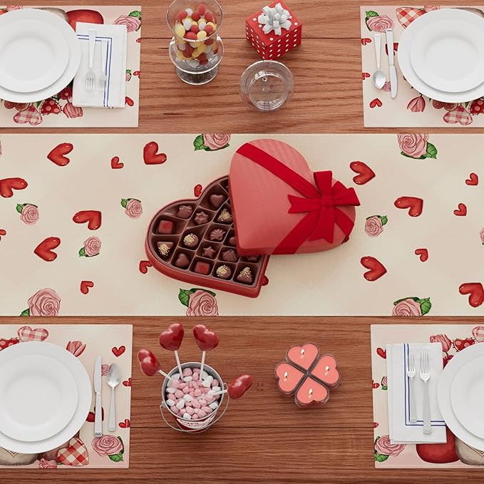 XCHI Roses Flowers Love Hearts Vase Valentine’s Day Table Runner Table Decoration for Party Home Kitchen Dining Dinner Holiday Decor 13x108 Inch