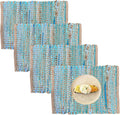 Perilla Home Natural Chindi Jute Placemats Set of 4 Vintage Boho 13x19 Inch Table Mats for Kitchen Dining Home Decor Rectangle Turquoise Stripe Rustic Placemat
