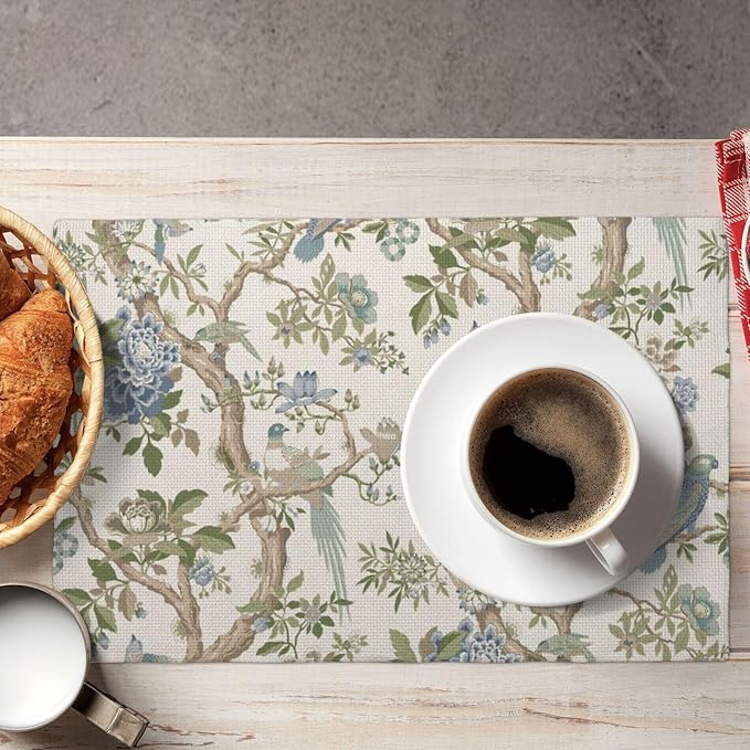 Chinoiserie Spring Placemats Set of 4, 12x18 Inch Blue Green Floral Bird Table Mats Summer Vintage Flowers Holiday Decorative Table Placemats for Party Home Kitchen Dining Table Decoration