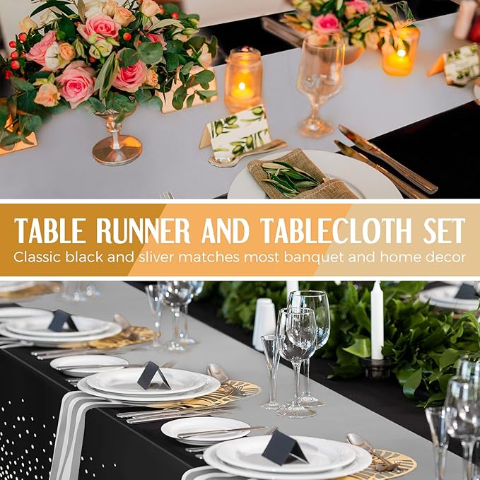 Breling 8 Pack Black and Silver Disposable Plastic Tablecloths and Satin Table Runner Set, 54 x 108 Inch Tablecloth, 12 x 108 Inch Table Runners for Wedding Graduation Birthday Baby Shower New Year