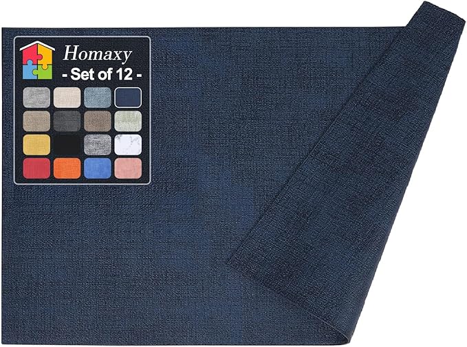 Homaxy Faux Leather Heat Resistant Placemats for Dining Table Set of 12, Waterproof Wipeable Washable PU Table Mats, Easy to Clean Anti-Slip Place Mats, 11.8" x 17", Navy Blue