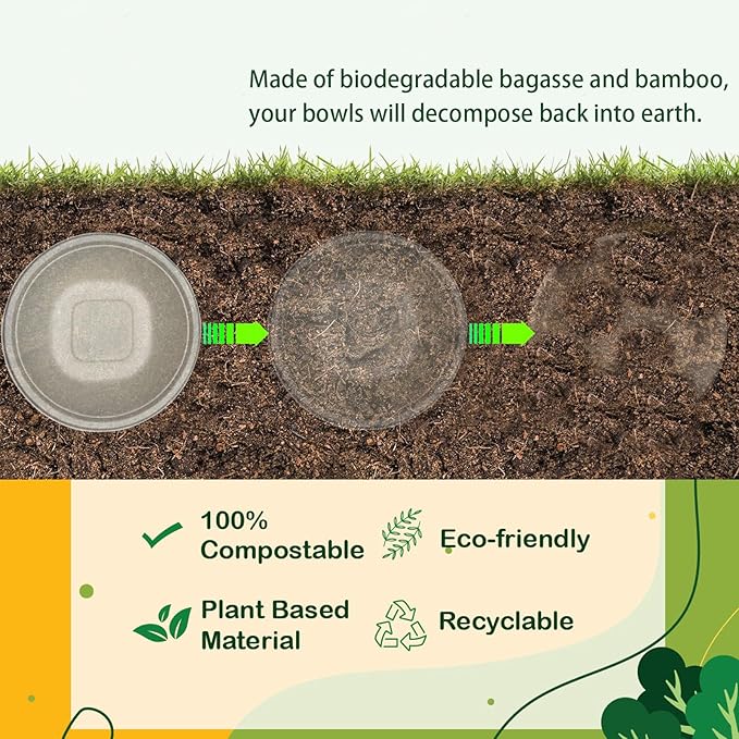 32 Oz Deep Paper Bowls Disposable Bowl - Disposable Heavy Duty Compostable Bowls, Eco-friendly Sugarcane Bagasse Biodegradable Bowl for Soup, Salad, Dessert, Ice Cream [50 Pack without Lds]