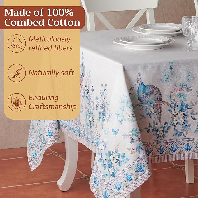 Maison d' Hermine Premium Table Cloth Rectangle Table 100% Combed Cotton 120 x 70 Inches Tablecloth Reusable Decorative for Dining Room, Farmhouse, Party, Festive & Wedding - Peacock Utopia - Orginal