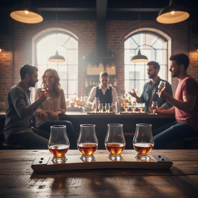 Premium 4 Glass Whiskey Flight/Natural (light Oak)/ Crystal Glasses