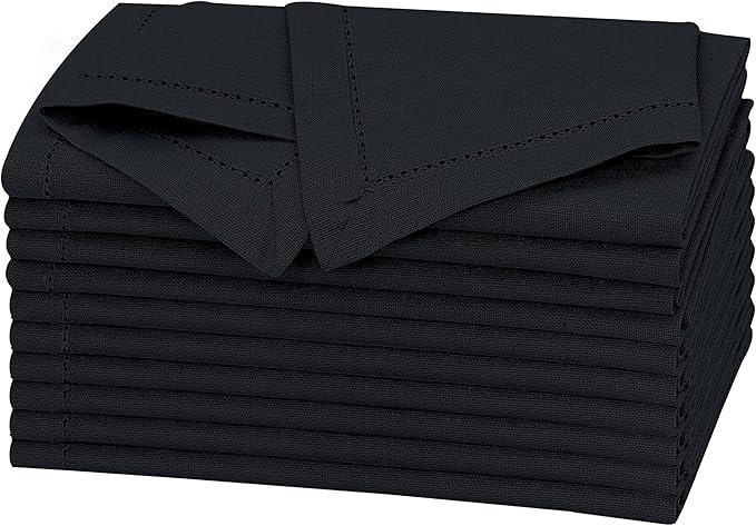 Ruvanti Premium Linen Napkins Set of 4-20x20 Inch, Classic Hemstitch, Mitered Corner Cloth Napkins‎‎ - Soft, Elegant Dinner Napkins Cloth Washable for Weddings, Parties, Everyday Use - Black