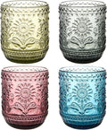 4 Pack 12 Oz Vintage Glassware Drinking Glasses Set, Embossed Floral Decorative Glassware Set for Whiskey, Beer, Juice, Wine（Multicolor）