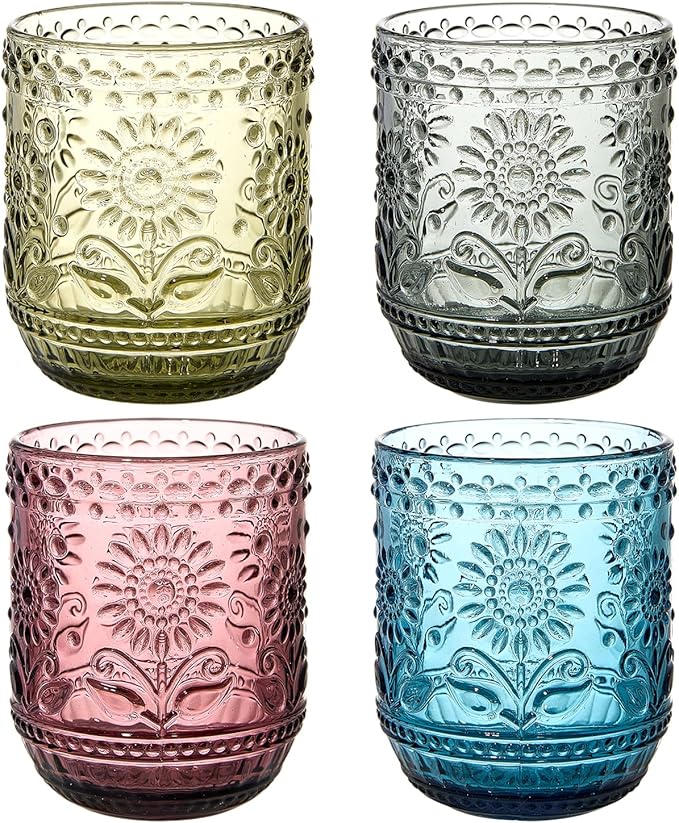 4 Pack 12 Oz Vintage Glassware Drinking Glasses Set, Embossed Floral Decorative Glassware Set for Whiskey, Beer, Juice, Wine（Multicolor）