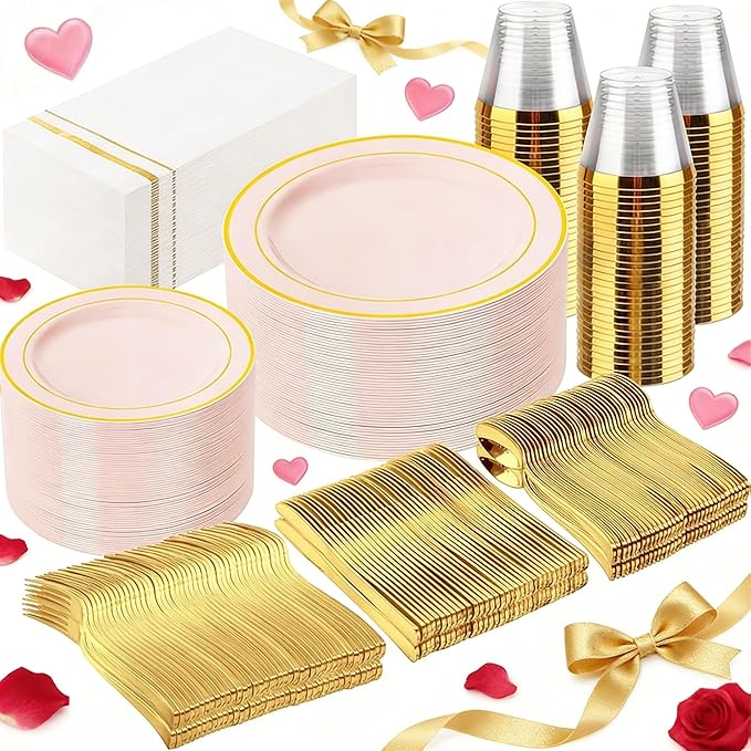 GATHER 350PCS Pink Plastic Plates - Disposable Plastic Dinnerware Set Include 100 Pink Plates, 150 Silverware, 50 Napkins, 50 Cups for Party & Wedding & Valentine's Day