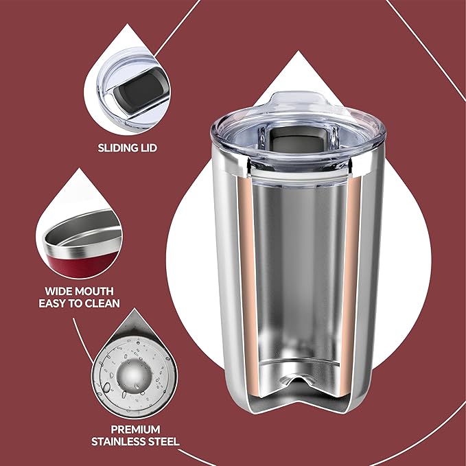 Ideus 20 oz Tumbler, Travel Coffee Mug with Splash Proof Sliding Lid, Double Wall Stainless Steel Vacuum Insulated Coffee Mug for Home and Office, Keep Beverages Hot or Cold, Blood Red