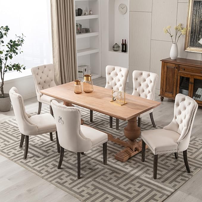 KCC Velvet Dining Chairs Set of 2, Upholstered High-end Tufted Dining Room Chair with Nailhead Back Ring Pull Trim Solid Wood Legs, Nikki Collection Modern Style for Kitchen, Beige