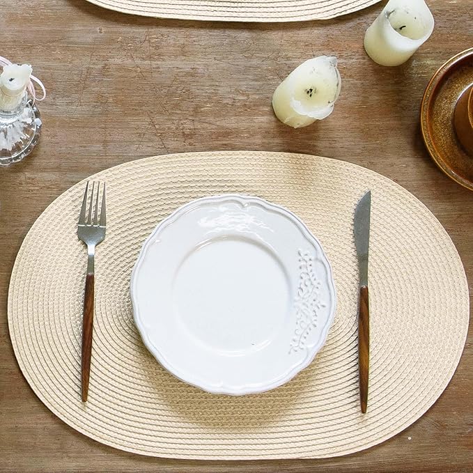 FunWheat Oval Braided Placemats Set of 6 Table Mats for Dining Tables Washable Heat Resistant Place Mats for Indoor Outdoor Use 12 x18 Inch(Oval Beige, 6pcs)