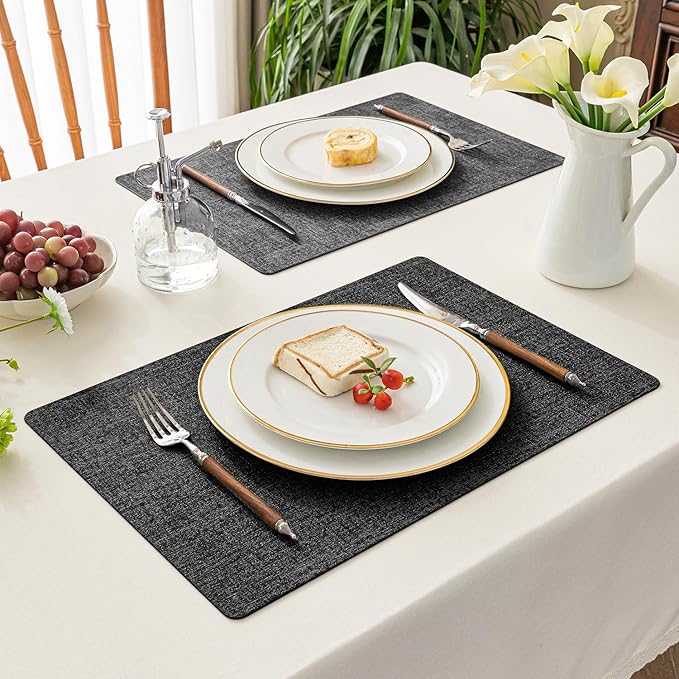 Romanstile Reversible Vinyl Placemats Set of 8, Faux Leather 100% Waterproof Oil-Proof Wipeable Place Mats, Heat Resistant Dual Sided Table Mats for Kitchen/Dining/Party (Grey Black, 12 x 17 Inch)
