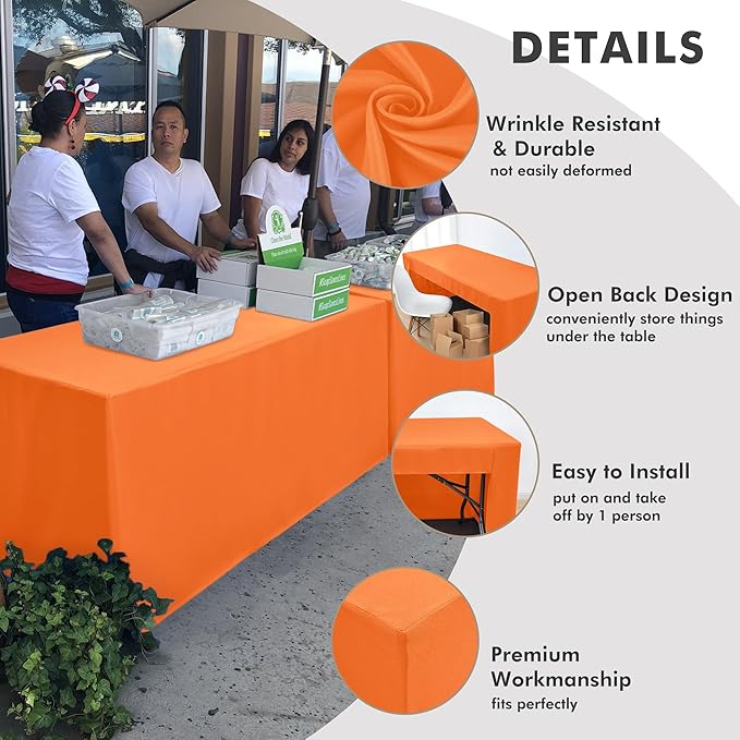 Nasitos 2 Pack 8' Fitted Table Cloth for Rectangular Table Orange Trade Show Table Covers-Open Back Valentines Tablecloth Washable and Wrinkle Resistant Table Cloth, Parties, Buffet, Baby Shower