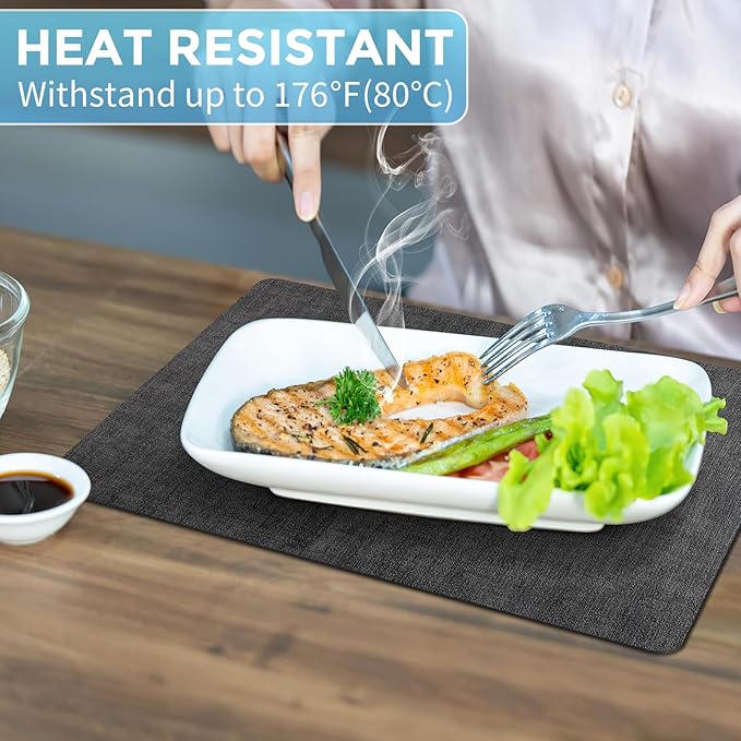 Placemats Set of 8 Washable, Heat Resistant Table Placemats Wipeable Faux Leather Place Mats Non Slip, Waterproof Square Table Mats for Indoor Outdoor, Charcoal Gray