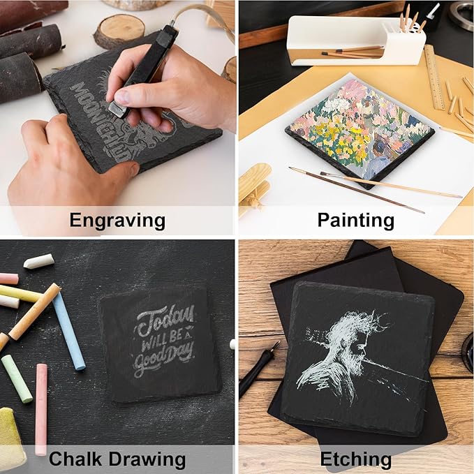 16 Pack Stone Coaster Set with Metal Stand 4-inch Square Laser-Engraved Black Stone Coasters with Protective Pads on The Bottom Ideal for Home,bar, and Gift Occasions (Weddings, housewarmings)