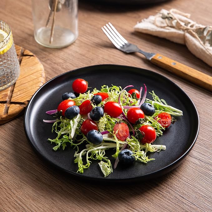 AmorArc Ceramic Dinner Plates Set of 6, Wavy Rim 10.25 Inch Stoneware Dish Set, Dinnerware Plates for Kitchen-Microwave&Dishwasher Safe, Scratch Resistant-Reactive Glaze Matte Black
