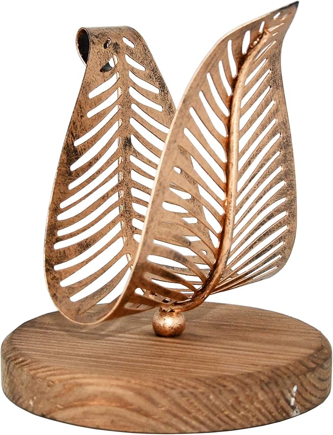 OwlGift Freestanding Modern Napkin Holder w/Bronze Metal Leaf & Brown Wooden Base Design, Tabletop Tissue Dispenser, Napkin Storage Organizer
