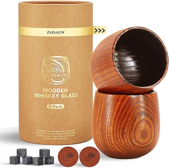 Charred Wooden Bourbon Drinking Glasses Set of 2 | 10oz Handcrafted Whiskey Tumblers with 6 Stones & 2 Leather Coasters | Complete Gift Set for Men, Dad, Groomsmen