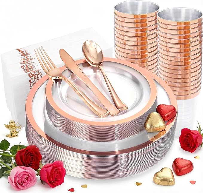 YOUBET 175PCS Rose Gold Plastic Plates - Clear Plastic Plates Disposable with Rose Gold Rim includes 50 Rose gold plates, 25Forks, 25Knives, 25Spoons, 25Cups, 25Napkins for Party & Wedding