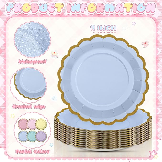 96 Pcs Pastel Paper Plates 9 Inch Gradient Scalloped Paper Disposable Dinner Dessert Plates for Easter Birthday Wedding Bridal Party Supplies, 6 Colors
