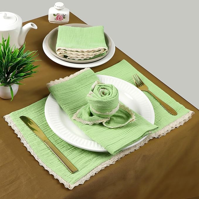 FINGERCRAFT Dinner Cloth Napkin Cotton Muslin Double Gauze 12 Pack with Classic Lace for Everyday Use, Wedding, Party, Christmas, Easter Napkins Cloth are Pre Shrunk and Good Absorbency Lettuce Green
