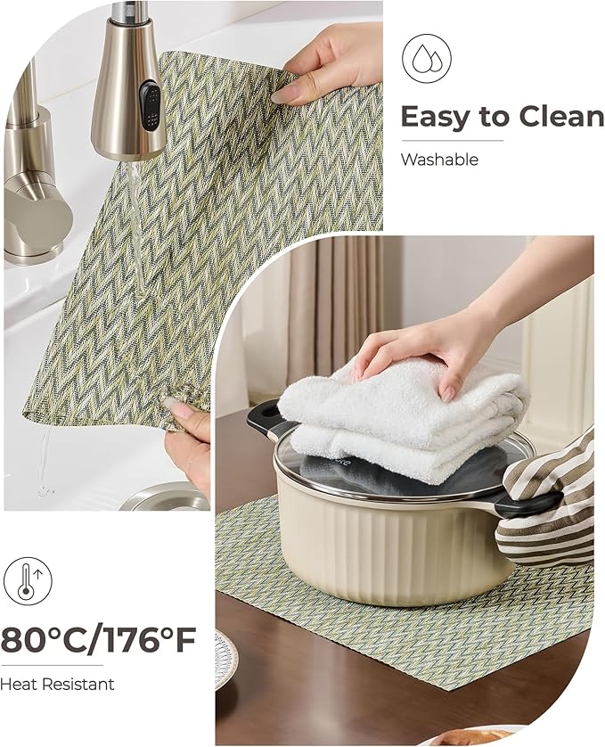 Leetaltree Green Placemats Set of 12 - Heat Resistant Non-Slip Place mats for Dining Table, Washable Durable PVC Vinyl Woven Table Mats（Green Zigzag, 12）