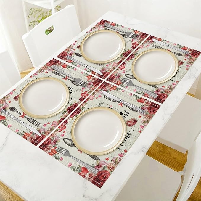 Retro Farmhouse Placemat Set, Romantic Pink Rose Floral Rural Plank Art Sketch Cutlery Knife Fork Inspirational Quotes Pattern Home Decor Linen Table Mats for Dining Room Kitchen Party (17x12in) x6P