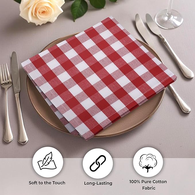 Urban Villa Cloth Napkins Set of 12 20x20 Inches 100% Cotton Napkins Cloth Washable Durable Reusable Absorbent Table Dinner Napkins Cloth for Farmhouse Party Hotel Lunch Restaurant Napkins - Red White