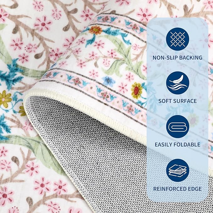 GarveeHome Pink Floral 6 ft Round Rug Washable Non-Slip Soft Low Pile Circle Carpet Vintage Rugs for Kitchen Bedroom Nursery Dining Living Room