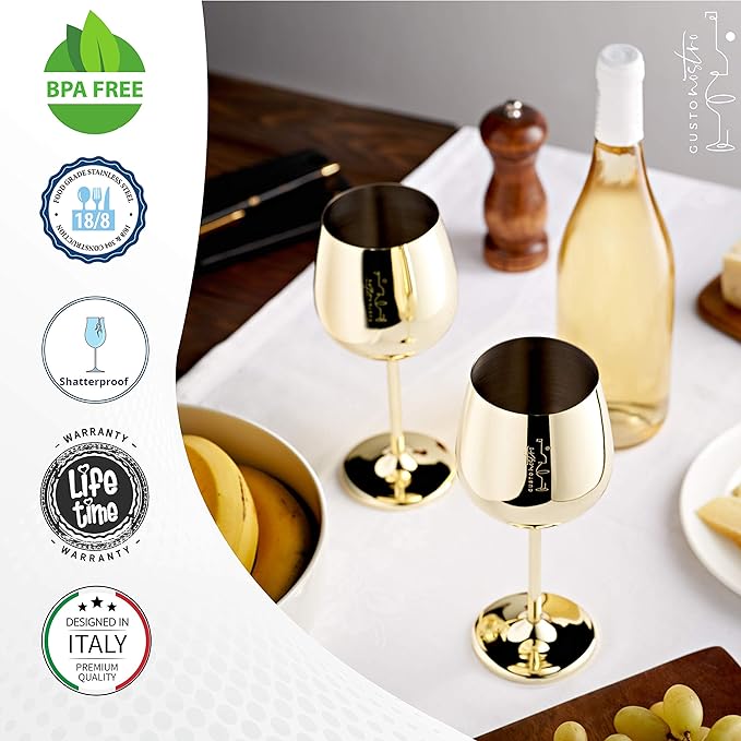 Gusto Nostro Stainless Steel Wine Glass - 18 oz Unbreakable Gold Wine Glasses for Travel, Camping and Pool - Fancy, Unique and Cute Portable Metal Wine Glass for Outdoor Events, Picnics (Set of 4)
