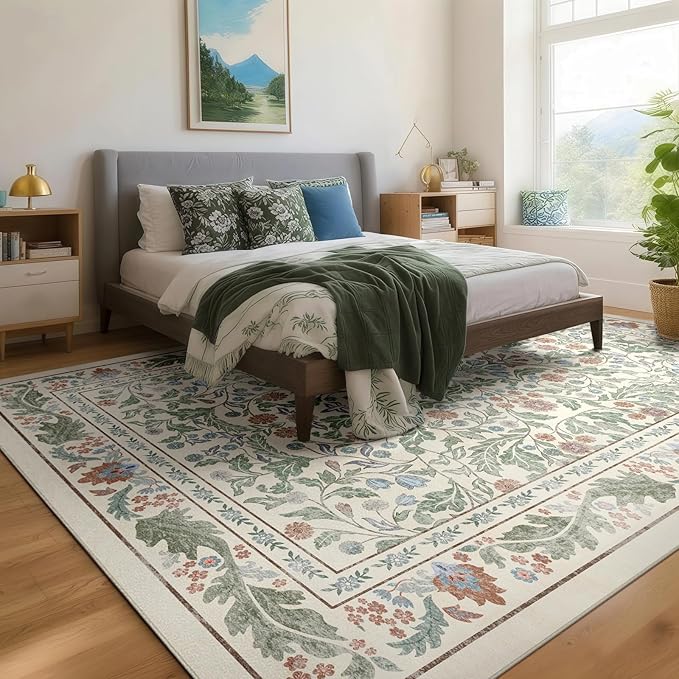 Beige Floral 8x10 Area Rugs for Living Room Large Washable Rug Vintage Forest Low Pile Non Slip Stain Resistance Soft Carpet for Dining Room, Bedroom, Office Rug, Kids Room, Nursery Room, Playroom