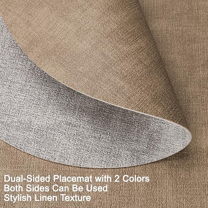 Myir JUN Reversible Vinyl Round Placemats Set of 6, Faux Leather Place Mats Dual Sided Waterproof Oilproof Wipeable, Heat-Resistant Table Mats for Kitchen Dining Indoor Outdoor (14", Light Gray Beige)