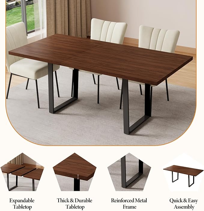 ZckyCine 67" Expandable Walnut Dining Table with 6 PU Leather Chairs, 7-Piece Modern Dining Set, Sturdy Metal Legs, Adjustable 51"-67" Rectangle Table for Kitchen & Dining Room