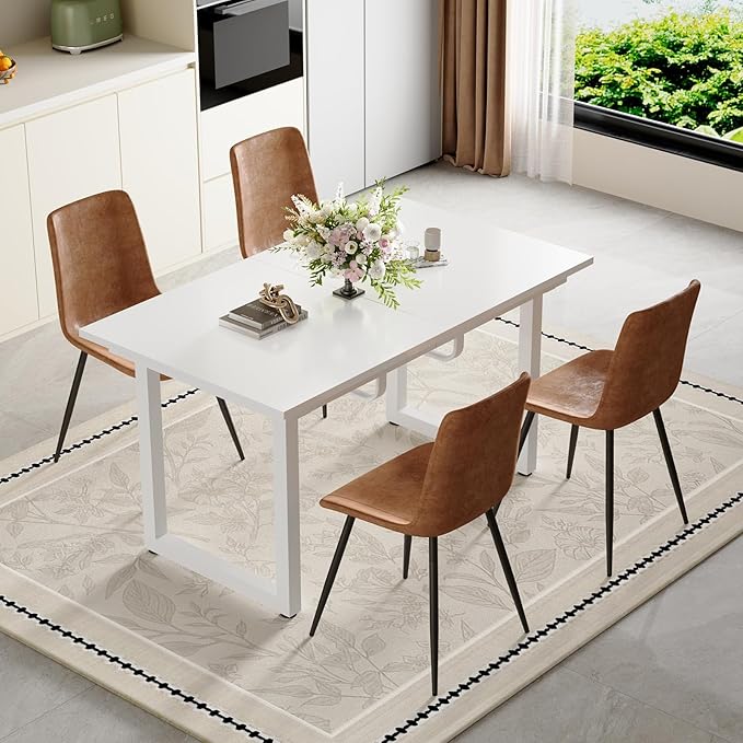 Extendable Dining Table Set for 4, 55"–71" Modern White Kitchen Table with 4 Upholstered Chairs, Space-Saving for Living Room Apartment, Sturdy & Comfortable, Easy Assembly