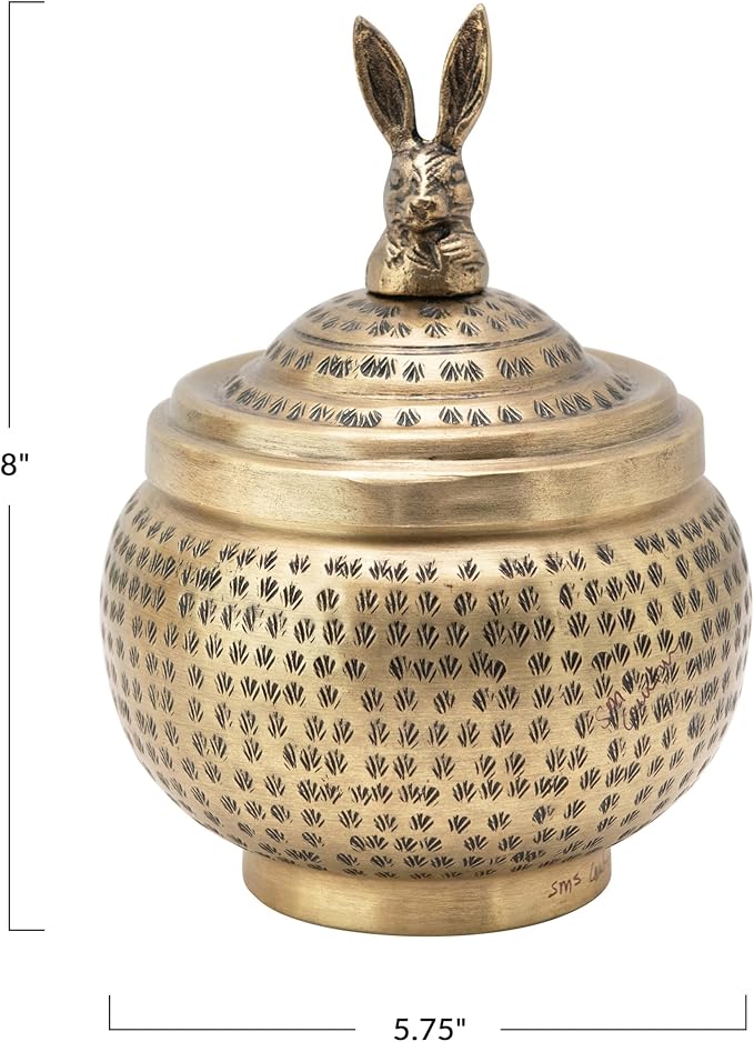 Round Hammered Metal Container with Rabbit Finial, Brass Finish