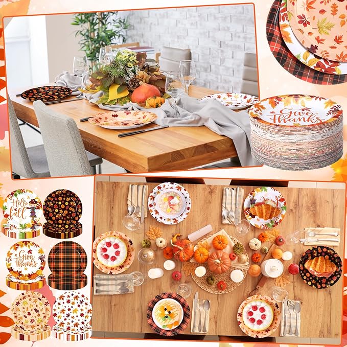 Umigy 120 Pcs Thanksgiving Paper Plates 7 Inch Hello Fall Dessert Plates, Fall Mable Leaves Dinner Disposable Tableware Harvest Party Dessert Tableware for Give Thanks Theme Autumn Thanksgiving Party