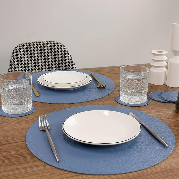 Jovono Set of 6 Faux Leather Round Placemats and Coasters, Coffee Mats Kitchen Table Mats, Waterproof, Easy to Clean for Kitchen Dining Round Table