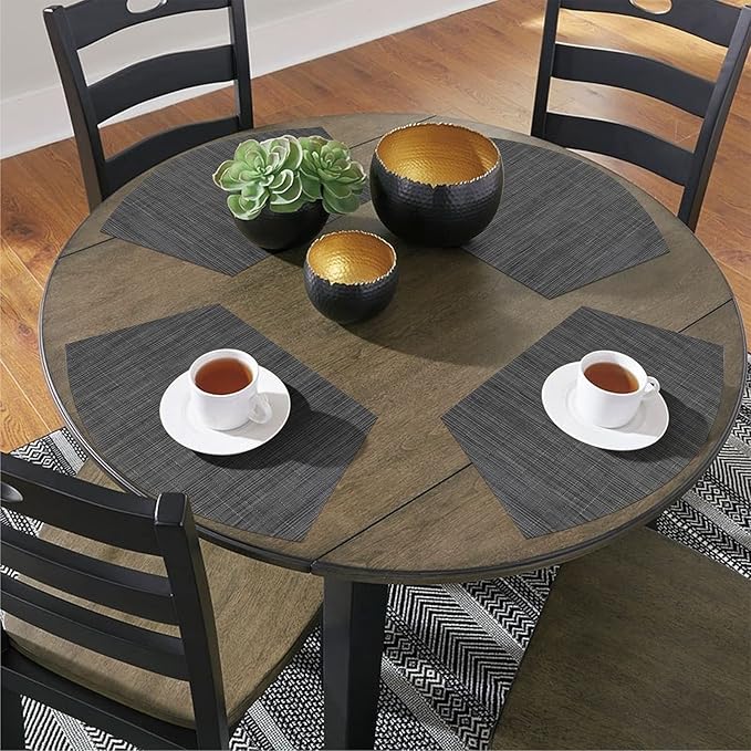SHACOS Small Round Table Placemats Set of 5 Woven Vinyl Wedge Placemats with Centerpiece Round Table Mats Heat Resistant Wipe Clean (5, Black Gray)