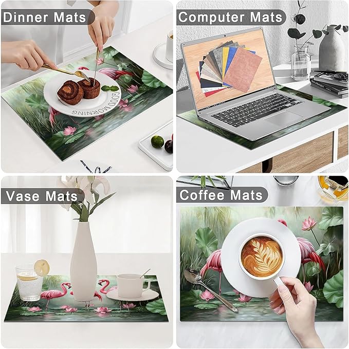 Flamingo Placemats Set of 4, Flamingo Tropical Flowers Place Mats, Wildlife Waterproof Washable Table Mats for Home Party Indoor Kitchen Dining Table Decoration 12x18 Inch