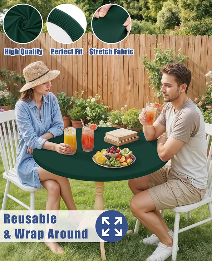 Round Spandex Tablecloth, Elastic Fitted Waterproof Tablecloths for 42"-50" Tables, Stretch Washable Picnic Table Cover for Camping, Dining, Indoor and Outdoor, Hunter Green