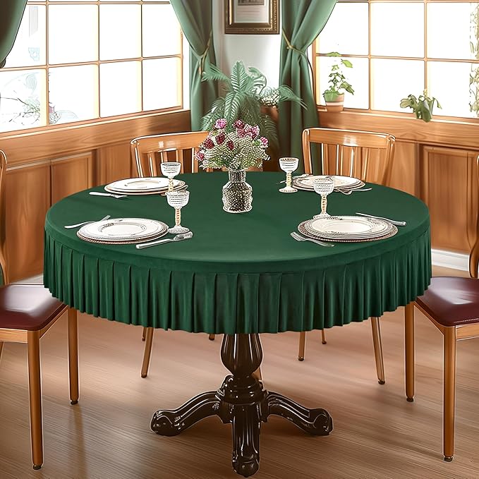 2 Pack Hunter Green Spandex Round Tablecloths for 72in Table, Stretchy Fitted 6FT Round Table Cloths, Wrinkle Free Table Cover with Skirt for Wedding Birthday Party Bridal Shower Banquet